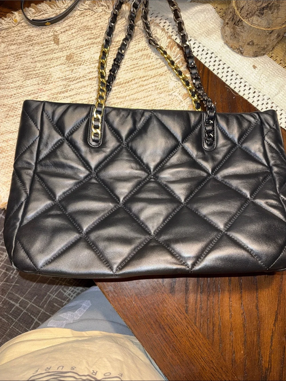 Classic Black Quilted Tote with Dual Chain Handles